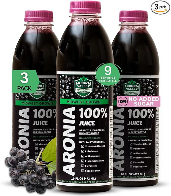 100% Aronia Berry Juice | 16 Fl Oz (Pack of 3) One Month Supply | Gluten Free Superfood Juice Drink