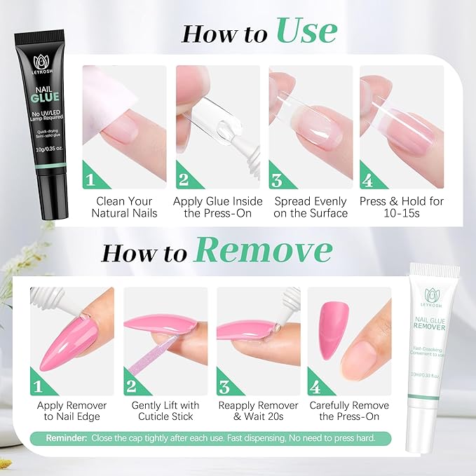 Nail Glue & Nail Glue Remover for Press On Nails, 10g Semi Sold Glue No Curing Needed, 10ml Gentle Quick Remove Not for Gel Polish Base Coat, Upgraded Long Lasting 28+ Days Fake Acrylic Tips
