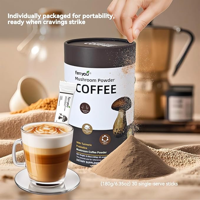 Organic Mushroom Coffee with Cordyceps, Shiitake, Chaga & 3 Other Mushrooms + Turmeric Powder – Gourmet Arabica Instant Coffee for Vitality & Wellness, 30 Servings (180g/6.35oz)