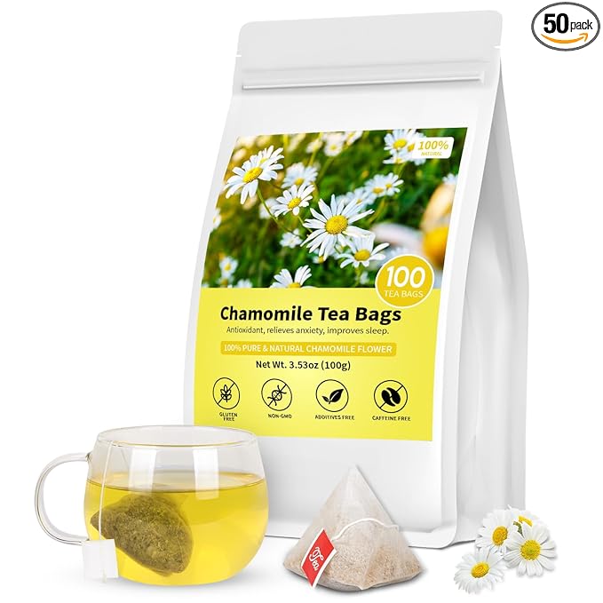 Chamomile Tea Bags, 100% Pure Natural Chamomile Flower Herbal Tea for Relaxation, Caffeine Free, Non-GMO, Additives Free,No Sugar/Gluten(1 Pack/100 Bags)