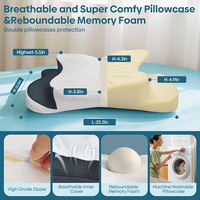Cervical Pillow for Neck & Shoulder Pain Relief Sleeping - Ergonomic Contour Pillows - Memory Foam Pillow for Side, Back & Stomach Sleepers