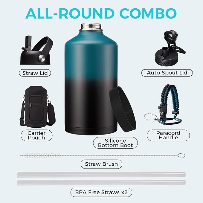 Large Insulated Water Bottles 1 Gallon - Water Jug with Strap Carrier Bag, Straw & Spout Lid, Paracord Handle, Bottle Boot, Big Metal Water Flask Stainless Steel Canteen, 128oz Insulated Water Bottle