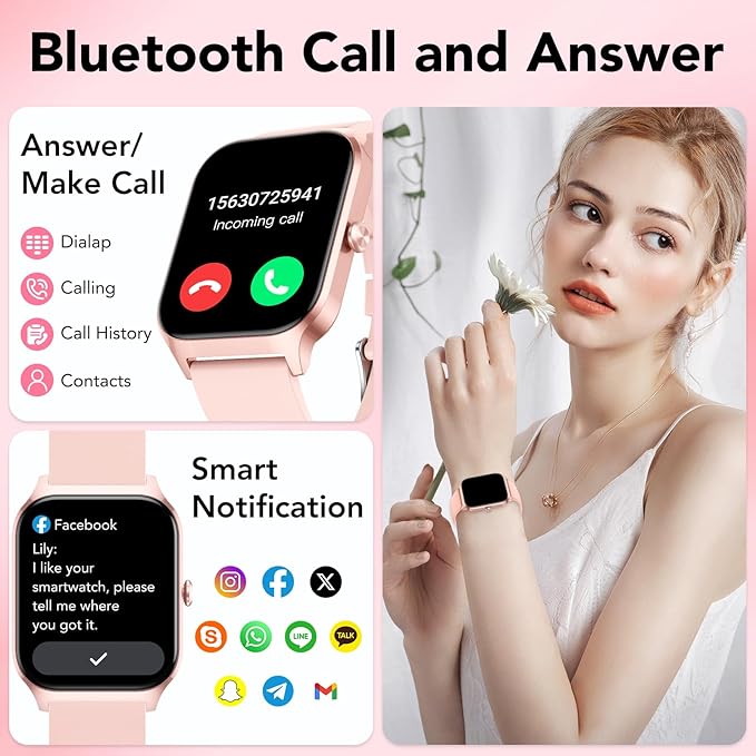Smart Watch for Men Women, 1.85" HD Fitness Tracker with Bluetooth Calls/Messages, IP68 Waterproof, 115+Sports Modes, 24/7 Heart Rate/Sleep Fitness Watch Compatible with iOS/Android, Lotus Root Pink