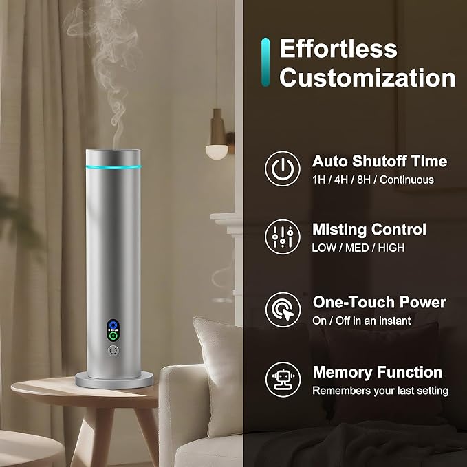 Waterless Diffuser, 1000 Sq.Ft Coverage, Essential Oil Diffuser with Tilt-Safe, Remote Control, Adjustable Mist Mode, Mood Lights Aromatherapy Diffuser for Home, Large Room, Office, Hotel, Silver