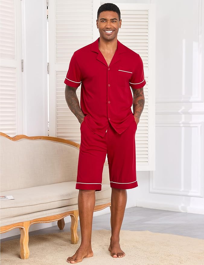 COLORFULLEAF Men's 100% Cotton Short Sleeve Pajama Sets Button Down Notched Collar Sleepwear Soft Lounge Pjs with Pockets