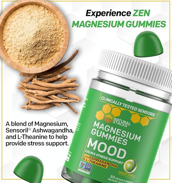 Zen Magnesium Gummies - 200mg Magnesium Citrate & 125mg Sensoril Ashwagandha Gummies - with L Theanine for Calm & Stress Support - Mag Citrate and Ashwagandha Supplement - 30 Green Apple Chewables