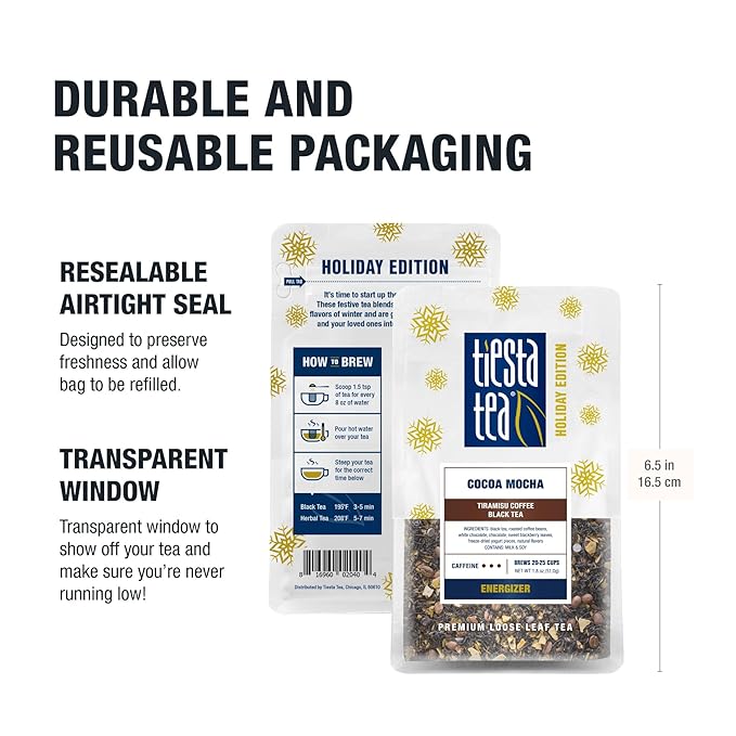 Tiesta Tea Cocoa Mocha, Premium Loose Leaf, Tiramisu Coffee Black Tea, Chocolate and Roasted Coffee, High Caffeinated Blend, Holiday, Hot or Iced Brews, Up to 25 Cups, 1.8 Ounce Resealable Pouch