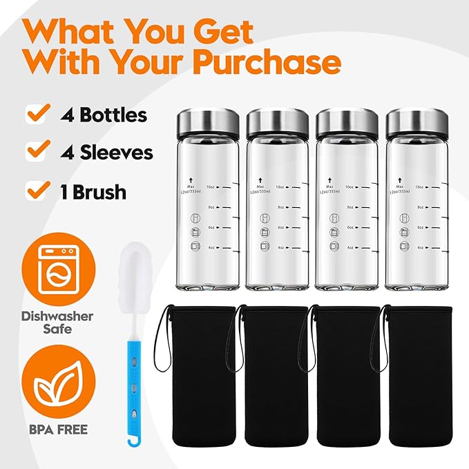SIEROZUR Glass Juice Bottles 12 oz-4 Pack Leak Proof Wide Mouth Water Bottle with Stainless Steel Lid & Sleeve - for Juicing, Smoothies, Infused Water, Beverage Storage, Eco-Friendly Borosilicate