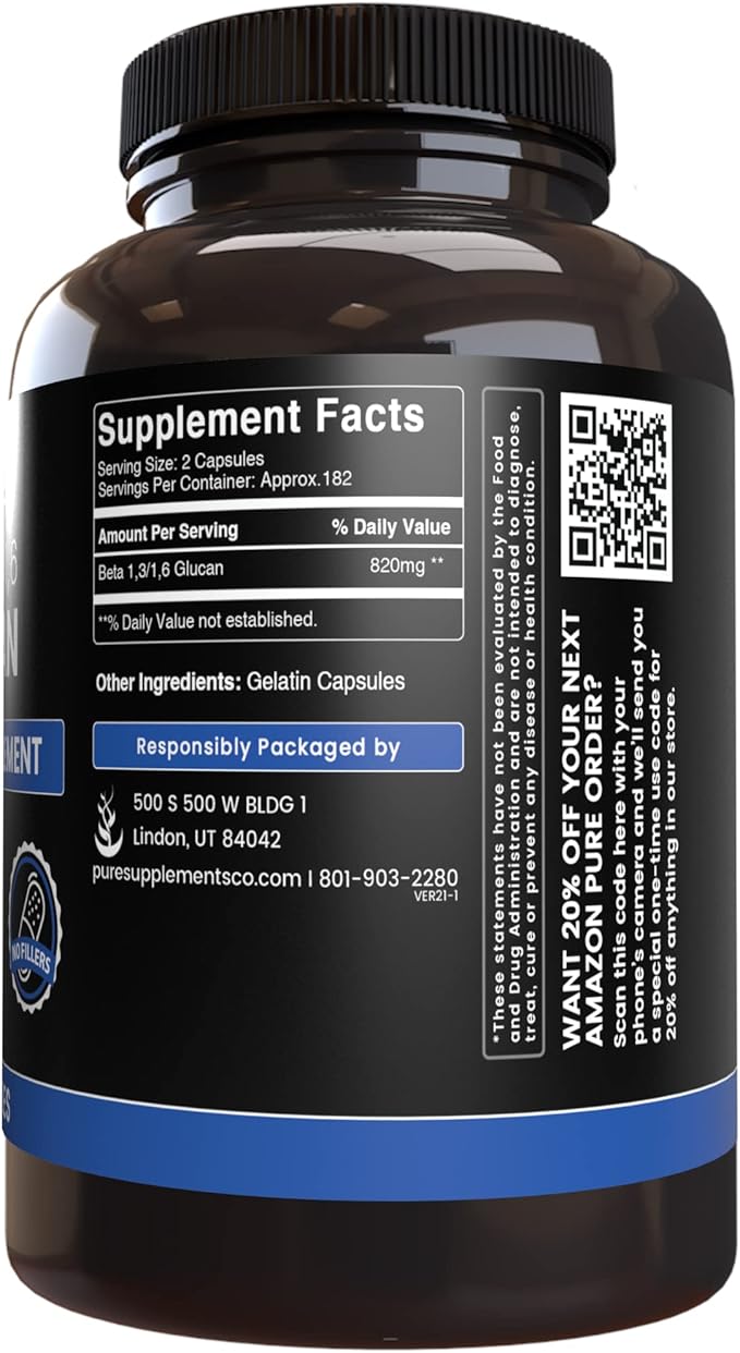 PURE ORIGINAL INGREDIENTS Beta Glucan 1,3/1,6, (365 Capsules) No Magnesium Or Rice Fillers, Always Pure, Lab Verified