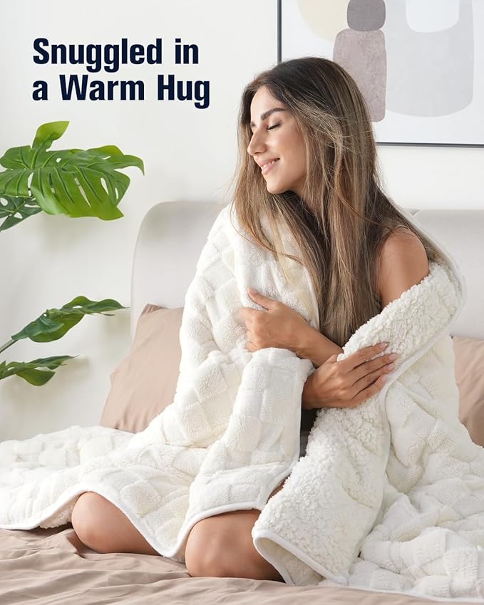 Kivik 15 lbs Weighted Blanket for Adults, Buttery Soft Checkered Heavy Blankets Throw for Bed Sleeping & Calming, Dual Sided Fluffy Fleece Washable, Warm Comfort, Queen Size 60 x 80 inches, Beige