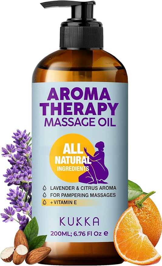 KUKKA Aromatherapy Massage Oil 6.76 fl oz - Enriched with Vitamin E, Sweet Almond, Lavender & Sweet Orange Oils - for All Skin Types, Men & Women - Massage Therapy Oil for Muscles, Legs & Body