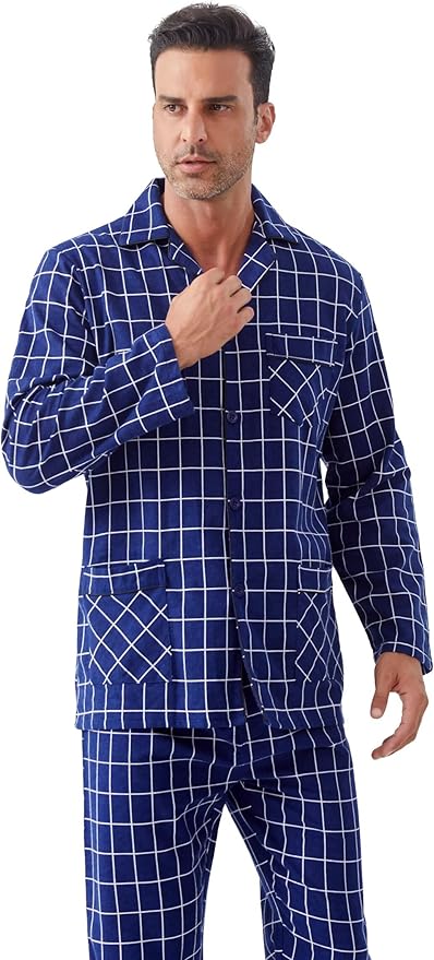 GLOBAL Men's Pajamas Sets 100% Cotton Flannel Sleepwear Long-Sleeve top & Bottom