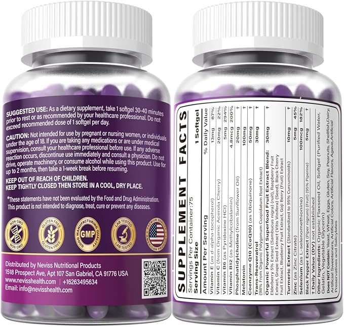 Melatonin 100mg for Antioxidant & Cognitive Health, Ultra High Dose Melatonin with CoQ10, Turmeric, Trans-Resveratrol, Vitamin B12 C E for Brain Anti-Aging, Cellular Repair and Energy, 75 Softgels