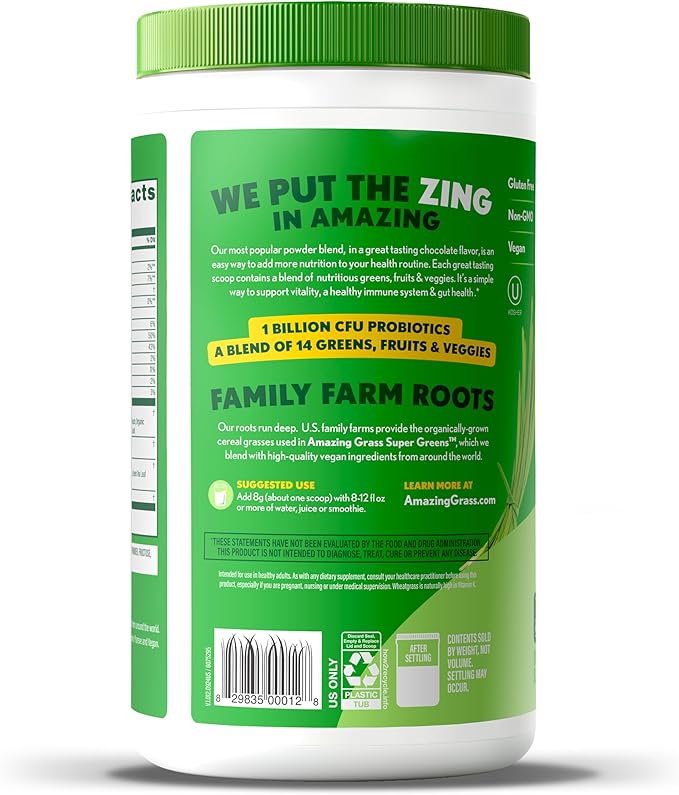 Amazing Grass Greens Superfood Powder: Greens Powder with Digestive Enzymes & Probiotics, Organic Spirulina, Chlorella, and Beet Root Powder, Chocolate, 60 Servings