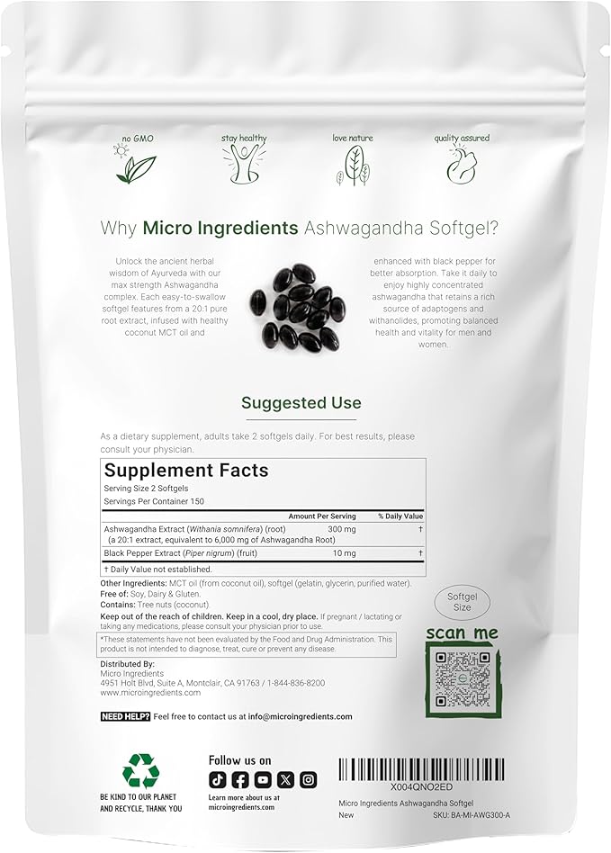 Ashwagandha Supplements | 300 Coconut MCT Oil Softgels with Black Pepper for Better Absorption | Potent Root Extract | Natural Herbal Support for Relaxation* | Non-GMO