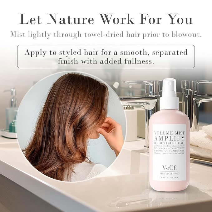 VoCÊ Haircare – Natural Volume Mist | Heat Protection Volumizing Blowout Spray | Non-Toxic, Cruelty-Free, Vegan Haircare for Fine Hair with Panthenol, Acai Berry, and Brazil Nut Oil (8.5 oz | 250ml)
