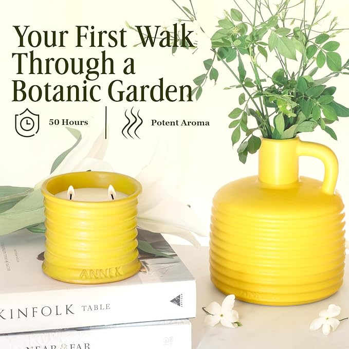Scented Luxury Candles in Handmade Ceramic Jars, Soy Wax | Flower Bomb โ Lily of The Valley & Jasmine, Large Candle | Non Toxic, 2 Wicks, Reusable Yellow Jar | Natural Spring Aromatherapy for Women