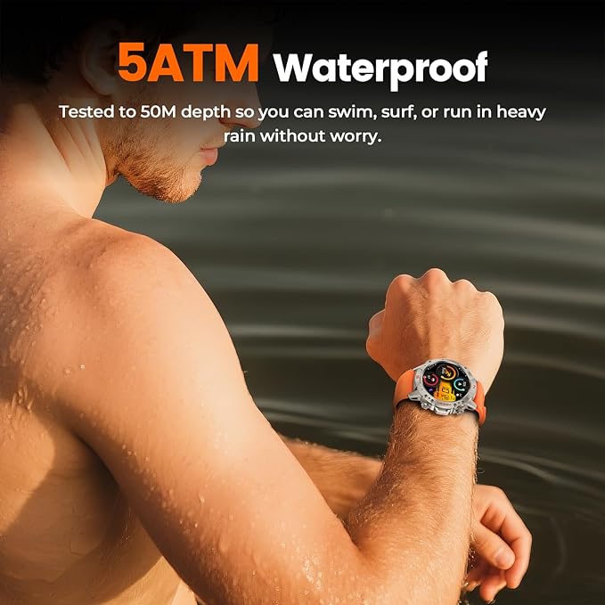 WalkerFit Smart Watch for Men, 1.43" Round AMOLED, 5ATM Waterproof, Heart Rate & Sleep Monitor,Long Battery,Outdoor Activity Tracker,Voice Control&Bluetooth Call,Compatible with iPhone Android, Orange