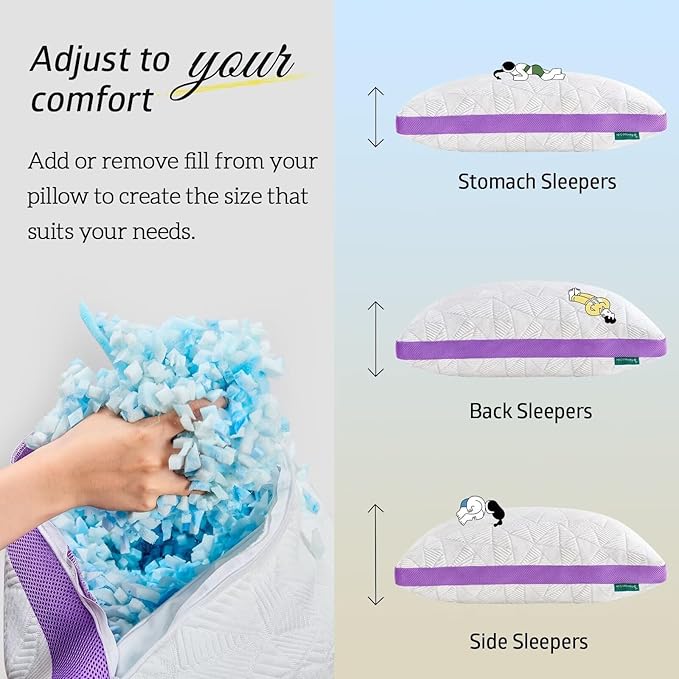 BETU Cooling Pillows Standard Size Set of 2, Shredded Memory Foam Cool Pillows for Hot Sleepers, Adjustable Firm Soft Support Bed Pillow Perfect for Back Neck Pain and Side Sleeping, Purple