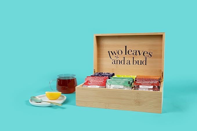 Two Leaves and a Bud Organic Tea Sampler in 6-Slot Bamboo Presentation Box - Filled Gift Box with Tea Assortment of Green, Black, and Herbal Teas