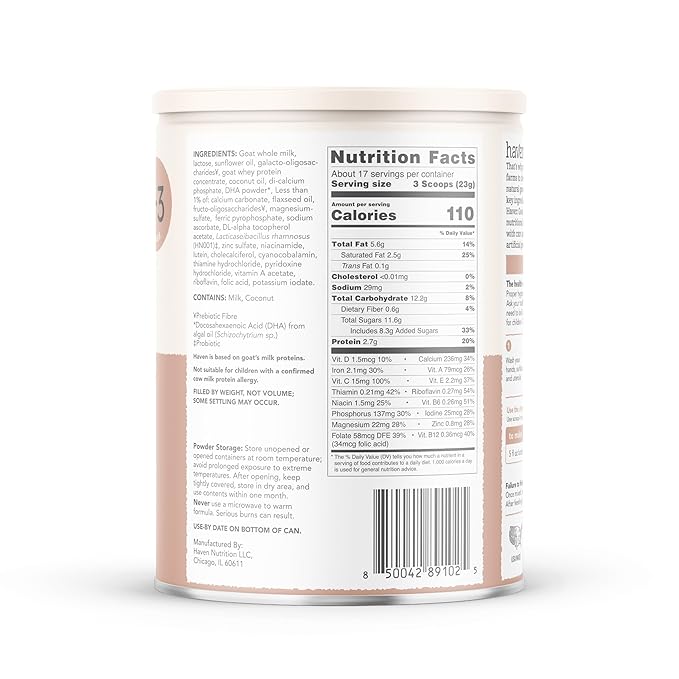 Haven Goat Toddler Formula, Grass Fed Whole Goat Milk Powder for Toddlers With Probiotics, Prebiotics, Lutein and Omega 3 Dha, Easy Digestion Formula, Non GMO, American Made, 14.1 Oz (6 Pack)