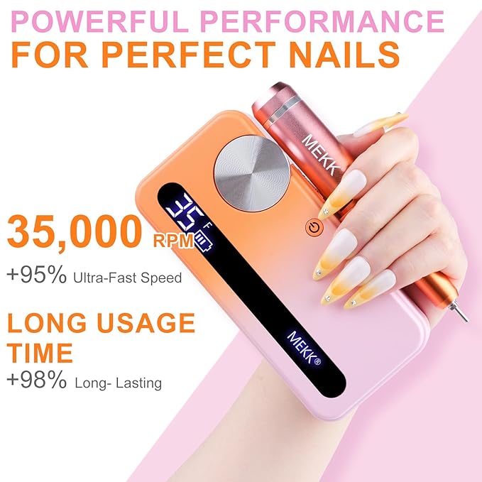 MEKK Nail Drill Kit,35000RPM Electric Nail Drill Professional Electric Nail File with 12PCS Bits,Anti-Shaking Cordless E Filer for Nails,Home & Salon(Orange-Pink)