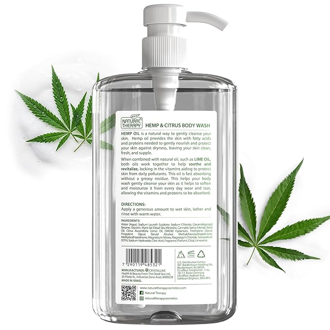 Natural Therapy Body Wash for Women and Men with Hemp & Citrus - Shower Gel Cleanses and Moisturizing Skin - With Dead Sea Minerals Nourish for Body, Pack of 2 (67.6 fl.oz)