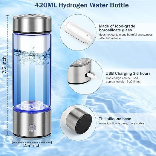 Upgrade Hydrogen Water Bottle,1800PPB Portable Hydrogen Water Bottle Generator with SPE PEM Tech,14OZ Hydro Water Ionizer Machine,Hydrogen Water Cup for Home Office Travel & Fitness