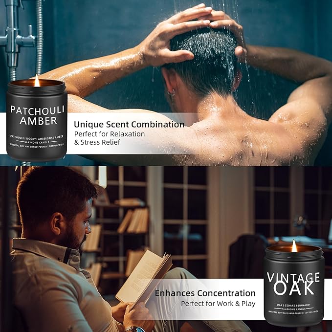 Candles for Men, 4 Pack Scented Candles, Gifts for Father Dad Day, 50 Hours Long Burning Soy Candles for Home Scented (Pine/Sandalwood/Patchouli/Oak)