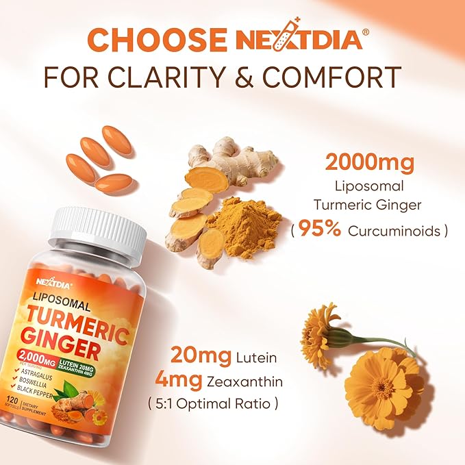 Liposomal Turmeric Curcumin and Ginger Supplement Softgels 2000mg, 95% Curcuminoids, Organic Turmeric Root Extract with Black Pepper for Superior Absorption, Plus Lutein Zeaxanthin, Non-GMO, 120 Pills