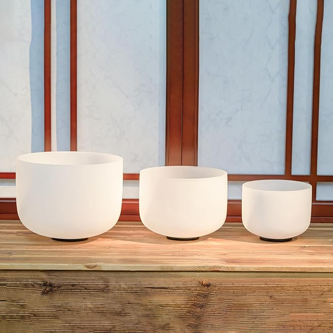 Hye-eun Crystal Singing Bowls Set 432HZ, 8"B 10"G 12"F 3pcs Frosted Quartz Chakra Sound Bowl with Carrying Case for Sound Healing Yoga Meditation
