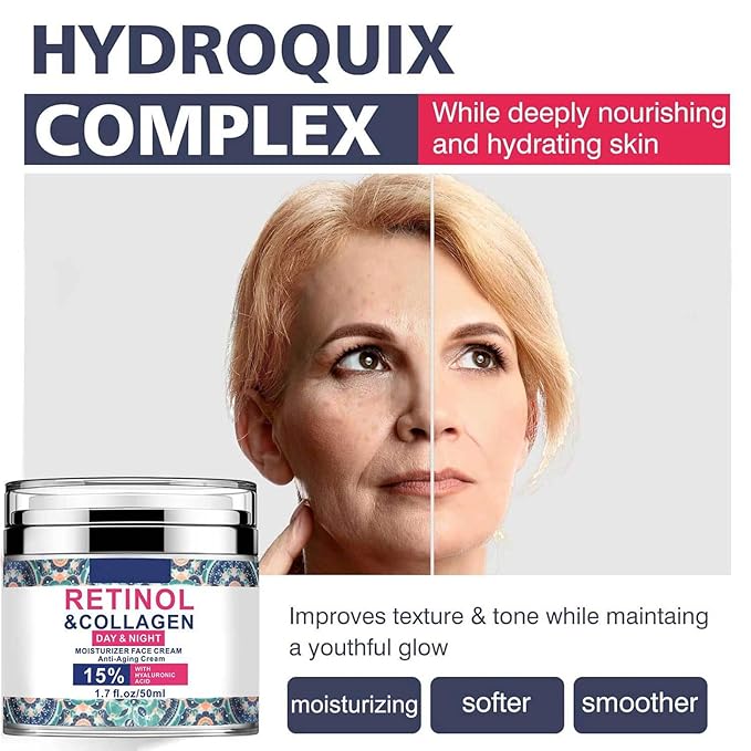 Retinol Cream for Face with 15% Hyaluronic Acid, Collagen Face Moisturizer, Day & Night Anti-Aging Cream for Women and Men Reduce Wrinkles & Fine Lines, All Skin Types 1.7 Fl Oz