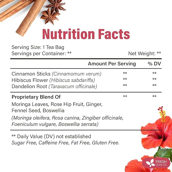 FreshDrinkUS, Premium Collagen Herbal Tea β 30 Tea Bags | Cinnamon Stick, Hibiscus, Dandelion Root, Moringa Leaves, Rose Hip, Ginger, Fennel Seed, Boswellia | Caffeine-Free, Natural Flavorful Blend
