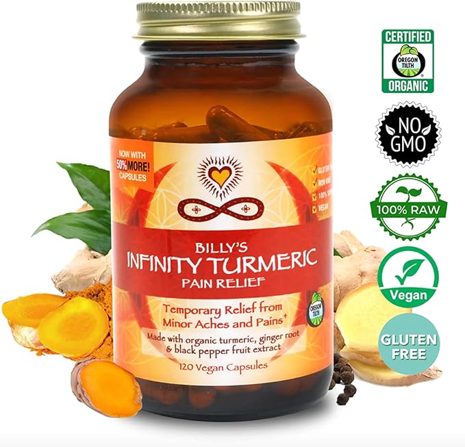 Infinity Turmeric Capsules, High Potency Curcumin Supplement, USDA Certified Organic Supplement with Black Pepper and Ginger, Raw, Vegan Gluten Free