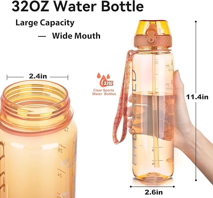 GOPPUS Clear Water Bottle With Straw 32oz Clear Sports Water Bottles Motivational with Time Marker Tritan BPA Free Clea Plastic Water Bottle Wide Mouth for Gym Travel Home School Office