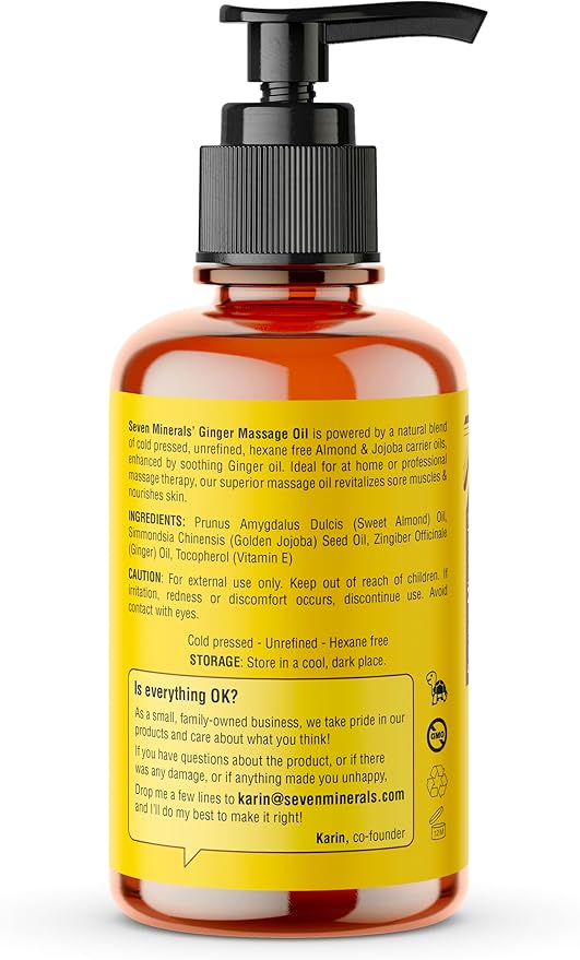 Seven Minerals Ginger Massage Oil for Lymphatic Drainage Massage Therapy - 4 oz - Warming and Ultra Relaxing - Therapeutic Grade Essential Oils Soothes Tired Muscles & Relaxes Mind and Body
