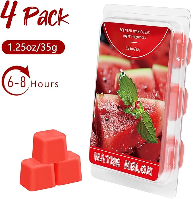 STRN Wax Melts Soy Wax Cubes 4 Pack Watermelon Scented, Long-Lasting Fragrance Scented Wax Cubes for Warmers Natural Soy Wax for Candle Wax Melts (4 x 1.25oz)
