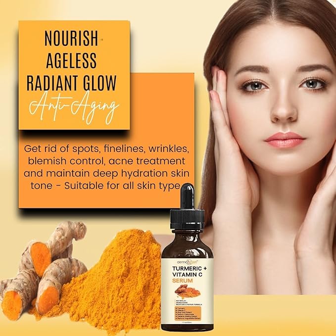 Turmeric and Vitamin C Anti-Aging facial serum, PURE ORGANIC Reduce Wrinkles, Improve Blemishes and Acne, Skin firming and Intensive Moisturizing & hydrating Serum for all skin Types (1 fl oz))