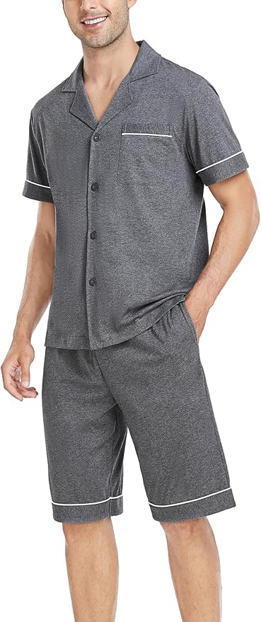 COLORFULLEAF Men's 100% Cotton Short Sleeve Pajama Sets Button Down Notched Collar Sleepwear Soft Lounge Pjs with Pockets