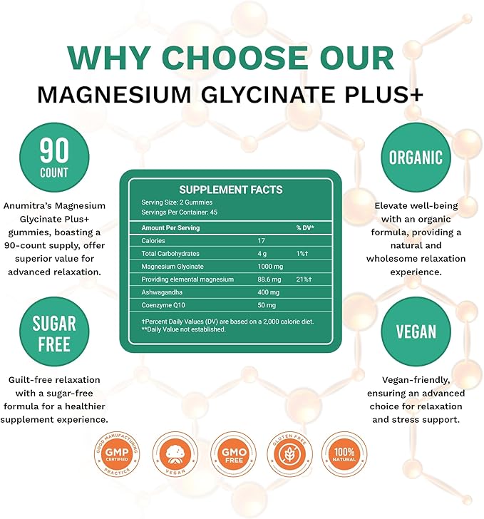 ANUMITRA Magnesium Glycinate 400mg and Ashwagandha Gummies for Men & Women-90 Count- Sugar Free Chews for Stress Relief gumies, Night Rest Promotes Relaxation & Well-Being Raspberry Flavor