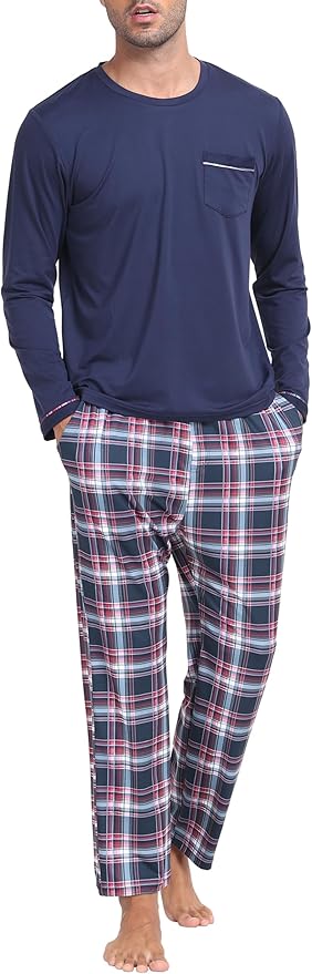 MoFiz Men's Pajamas Plaid Sets Sleepwear Sleep Long Sleeve Shirts and Pants Pajama Set Soft Mens Pjs Lounge Set with Pockets