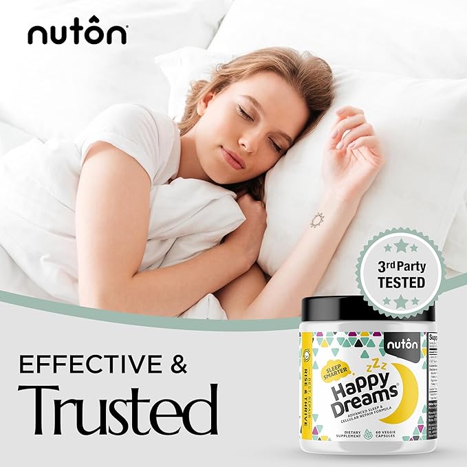 Nuton Happy Dreams Natural Sleep Aid Supplement & Cellular Vitality - Melatonin Sleep Aid for Adults, Time Release Formula with ETAS Asparagus, L-Serine and Venetron Extract, 60 Veggie Capsules