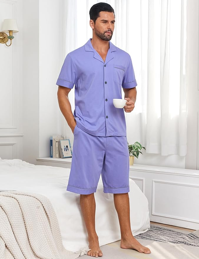 COLORFULLEAF Men's 100% Cotton Short Sleeve Pajama Sets Button Down Notched Collar Sleepwear Soft Lounge Pjs with Pockets