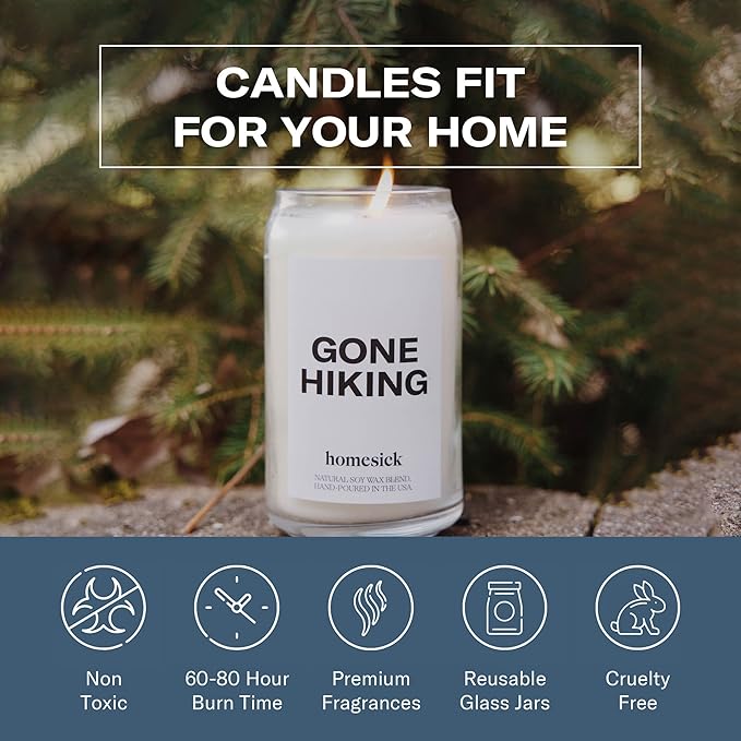 Homesick Scented Candles for Home (Gone Hiking) - 13.75 oz Long-Lasting Natural Soy Wax Blend Jar Candle Gifts for Women & Men, 60-80 Hours Burn Time - Notes of Pine, Jasmine & Sandalwood