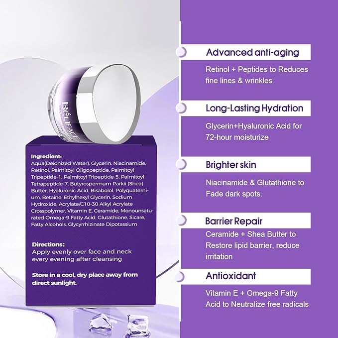 Face Moisturizer For Women, Gentle Retinol Cream With Peptide For Wrinkle Anti-Aging, Hydrating Facial Moisturizer With Hyaluronic Acid Niacinamide & Ceramides, Night Repair For All Skin Types 1.7 OZ