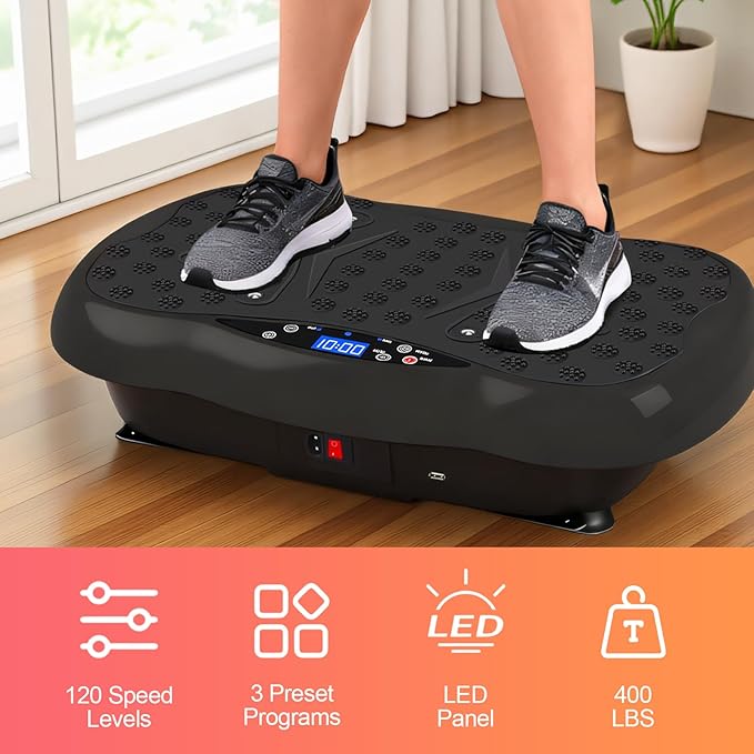 ALSO GO Vibration Plate Exercise Machine, 120-Level & 3 Workout Modes Vibration Board for Weight Loss/Lymphatic Drainage, 400lbs Capacity with Resistance Bands, Full Body Platform for Home Fitness