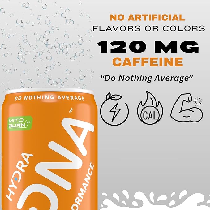 HYDRADNA- Clean Performance Drink, Zero Sugar | For Natural Fuel, Alertness, Boost, Stamina,120 mg Organic Caffeine, Natural Flavors, Zero Sucralose, Clean Ingredients (12 Pack) (12 Pack, Peach)