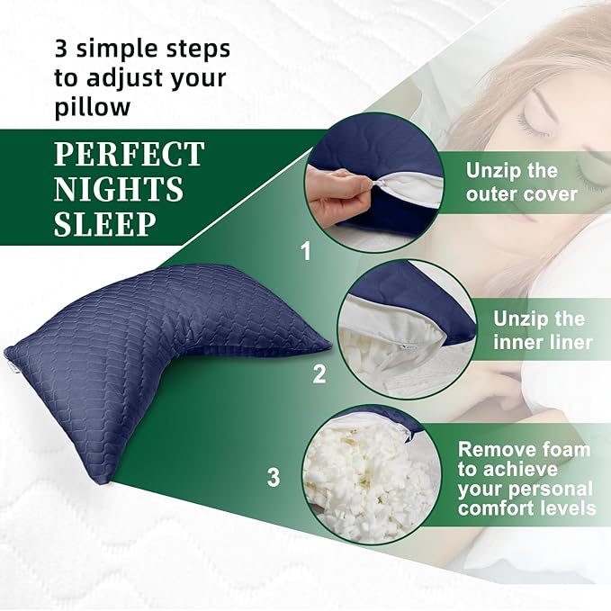 Shredded Memory Foam Pillows – Adjustable Loft, Orthopedic Support for Side/Back Sleepers, Pressure Relief for Cervical Spine, Machine Washable (Queen Size)