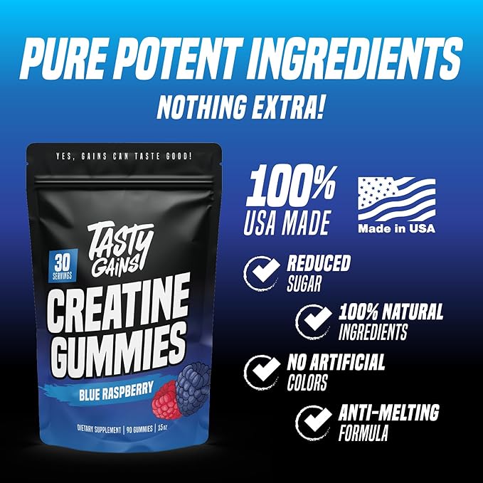 TASTY GAINS Creatine Gummies - 90g of Creatine Monohydrate - Workout Supplements - Build Muscle & Boost Strength for Men & Women - Made in USA - Non GMO - Vegan Friendly (Large, Blue Raspberry)