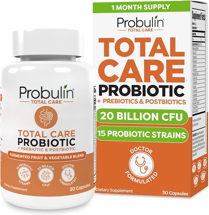 Probulin Total Care Probiotic Supplement, Daily Gut, Digestive, and Immune Health Probiotics Capsules for Men and Women, 20 Billion CFU, Vegan, 30 Count Bottle